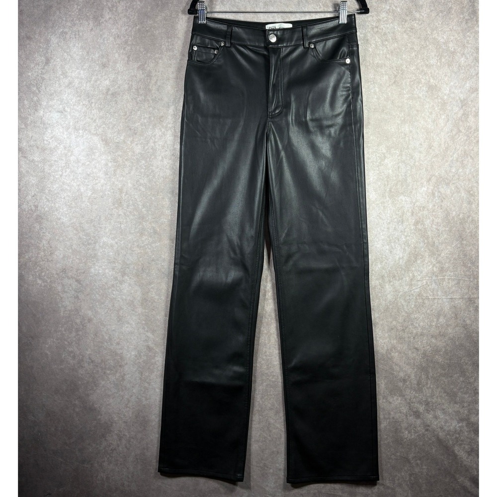 Zara Pants Womens 6 Black Faux Leather Straight Ankle Trousers High Rise Goth